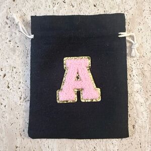 NWOT Black Drawstring Pouch with Pink & Gold A; Gift Bag for “A” Names